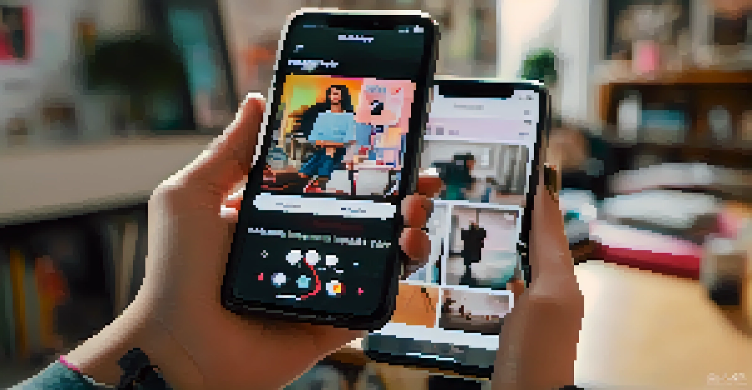A young person's hand holding a smartphone showing a TikTok video, with a creative workspace in the background.