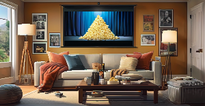 A cozy home theater with a couch, popcorn, and a screen playing a classic comedy film, surrounded by warm lighting.