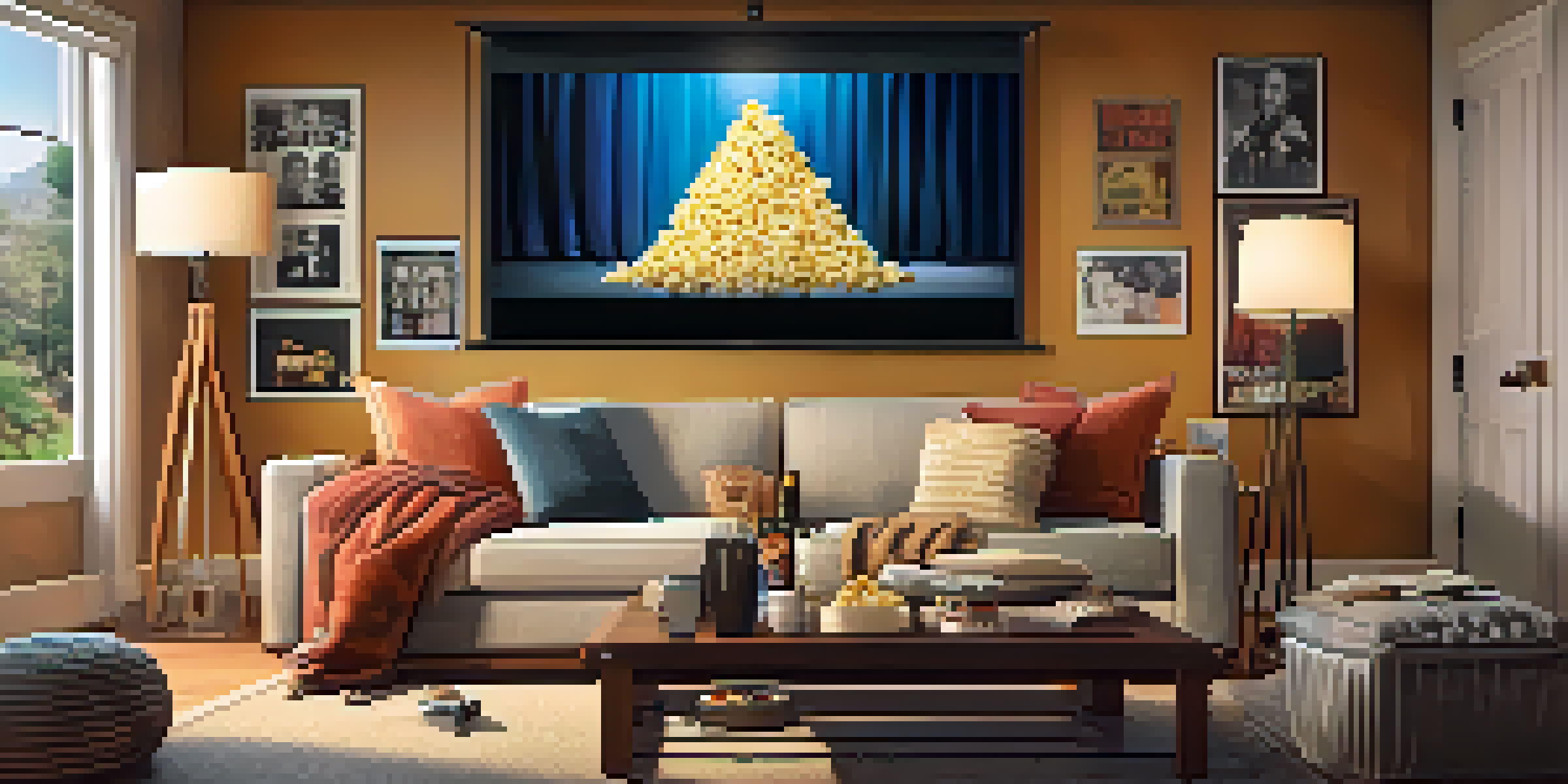 A cozy home theater with a couch, popcorn, and a screen playing a classic comedy film, surrounded by warm lighting.