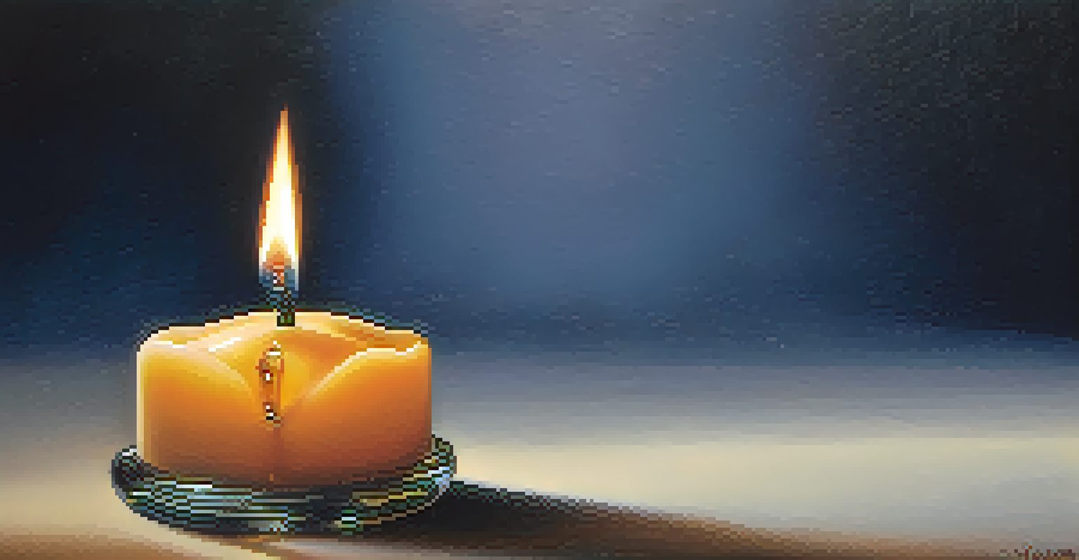 A close-up of a single candle burning in the dark, symbolizing remembrance and hope.