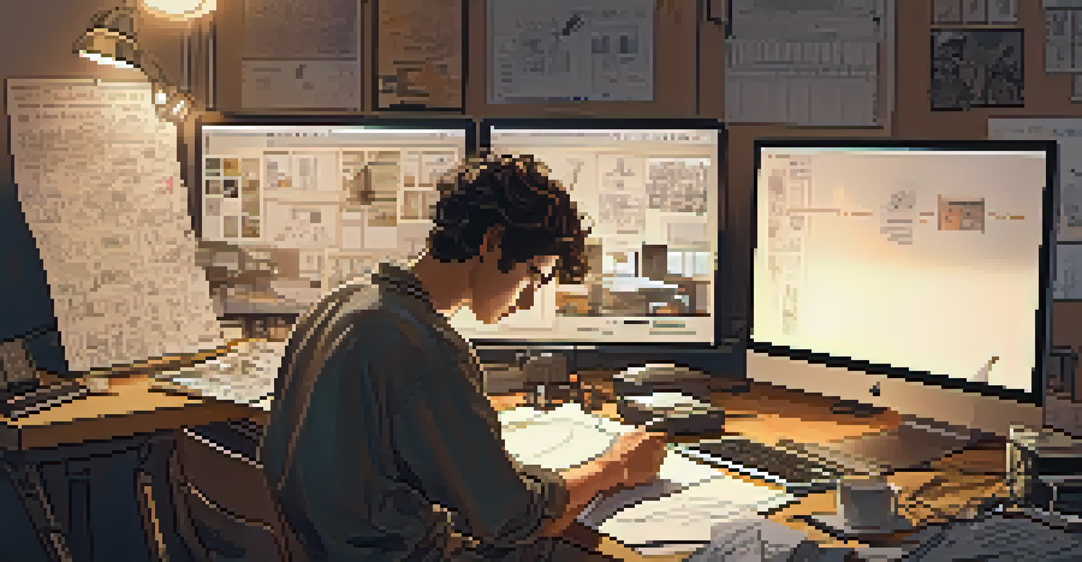 A young filmmaker editing footage on a laptop in a creative workspace filled with film equipment and notes, illuminated by warm desk lamps.