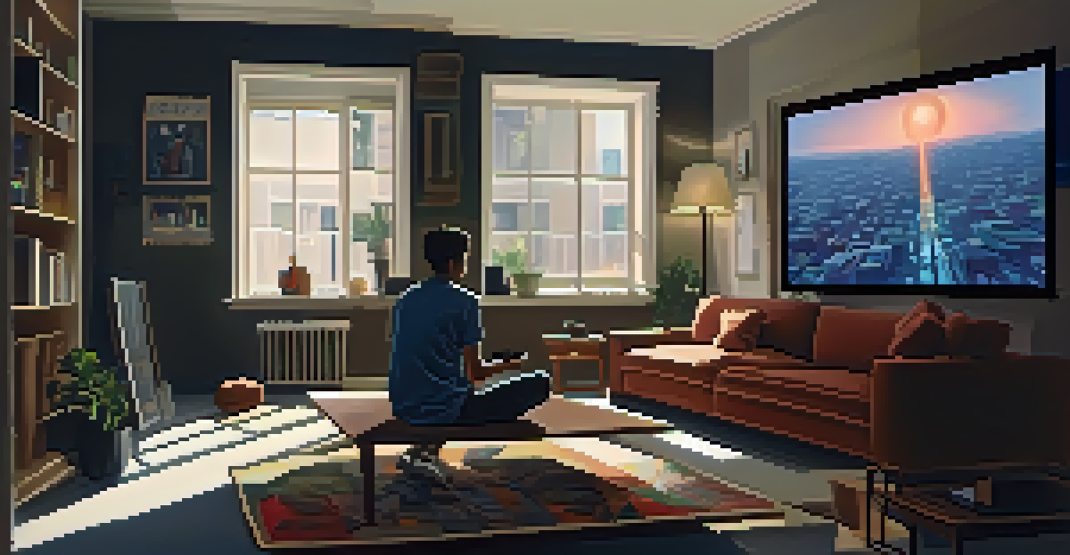 A modern living room with a glowing smartphone and a screen displaying social media, featuring a figure watching anxiously, illustrating the dark side of technology.