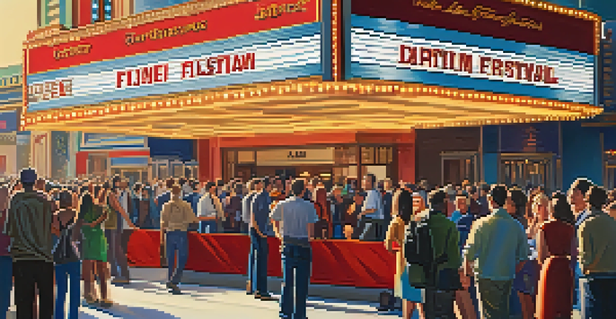 A lively film festival with a diverse crowd outside a cinema, colorful banners, and a red carpet.