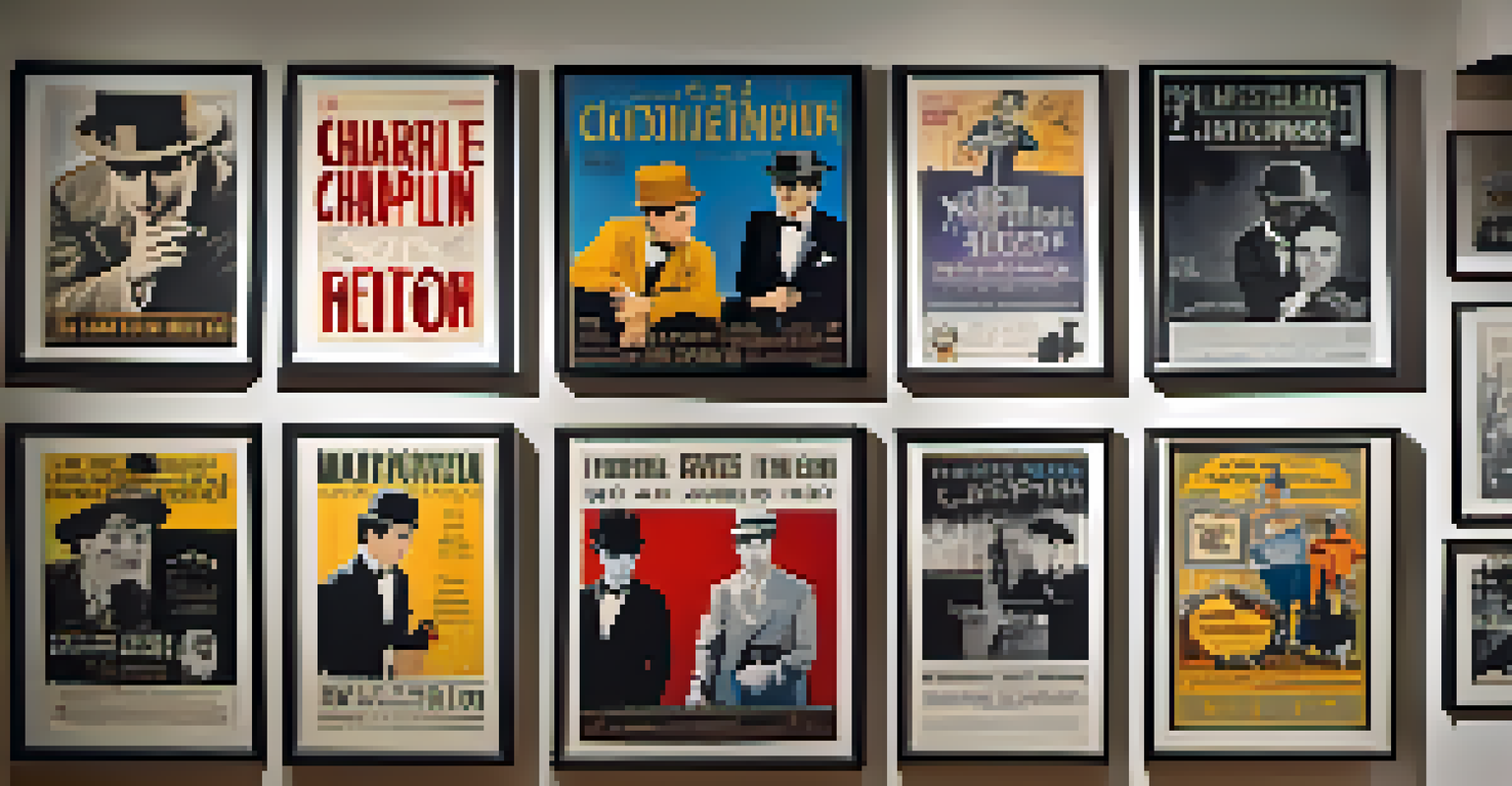 A collection of iconic silent film posters featuring stars like Charlie Chaplin and Buster Keaton, displayed on a textured wall.