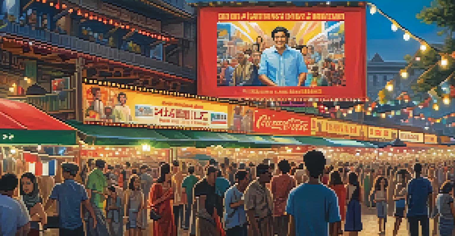 A colorful multicultural film festival with stalls and banners in different languages, filled with a lively crowd.