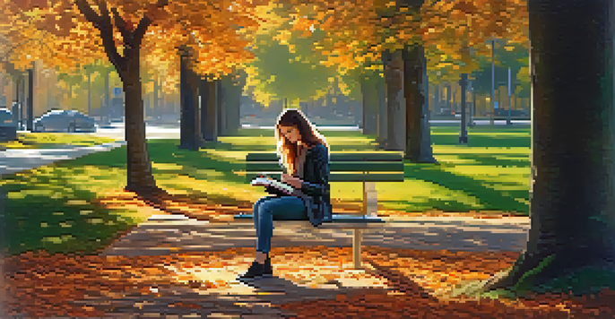 A young woman reading a book on a bench in a park with autumn-colored trees and sunlight filtering through the branches.