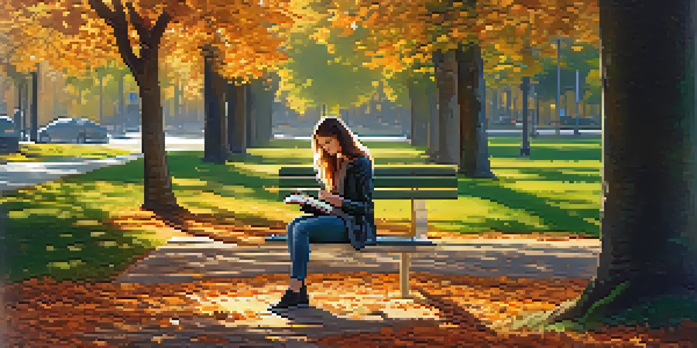 A young woman reading a book on a bench in a park with autumn-colored trees and sunlight filtering through the branches.
