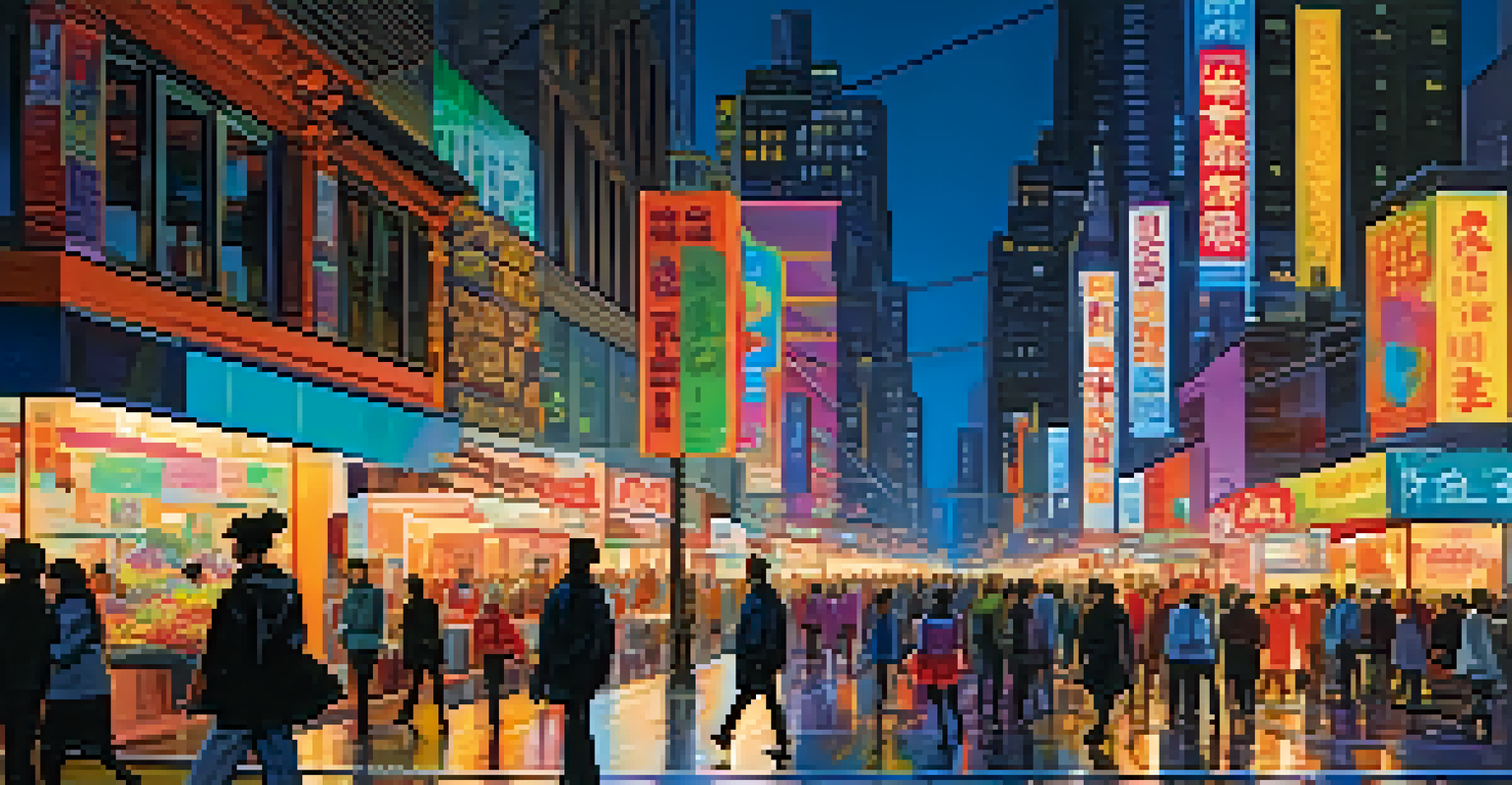 A lively city street at dusk, illuminated by neon lights and filled with pedestrians and street vendors.