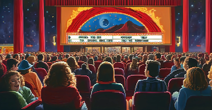 An animated scene of a midnight movie screening with fans in costumes celebrating a cult classic film, displaying vibrant colors and a lively atmosphere.