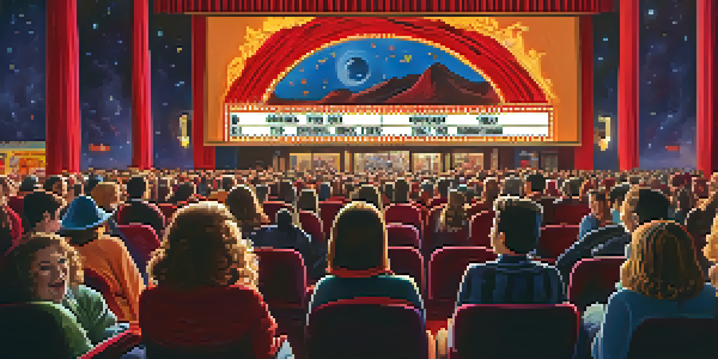 An animated scene of a midnight movie screening with fans in costumes celebrating a cult classic film, displaying vibrant colors and a lively atmosphere.