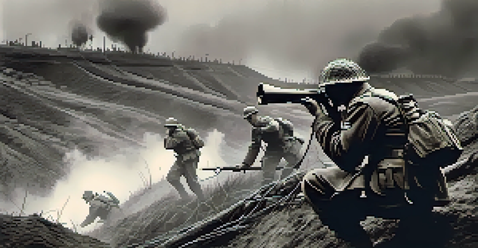 A black and white image of soldiers in a World War I trench, with one soldier using binoculars amidst a tense and smoky background.
