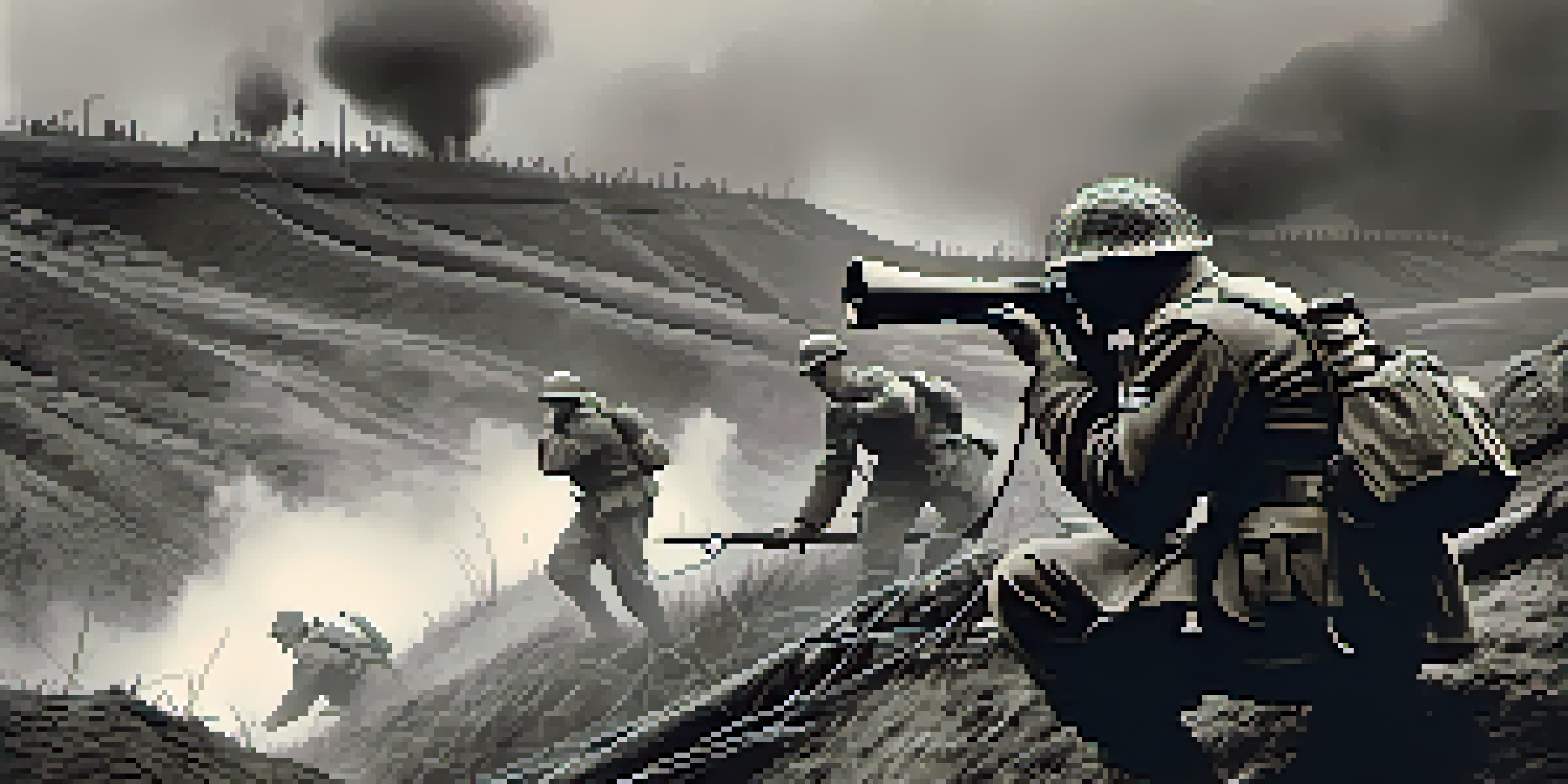 A black and white image of soldiers in a World War I trench, with one soldier using binoculars amidst a tense and smoky background.
