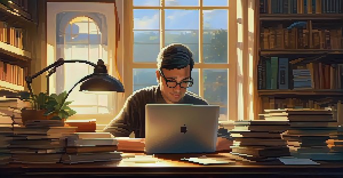 A writer working at a vintage desk with books, notes, and a cup of coffee in a warm, inviting room.