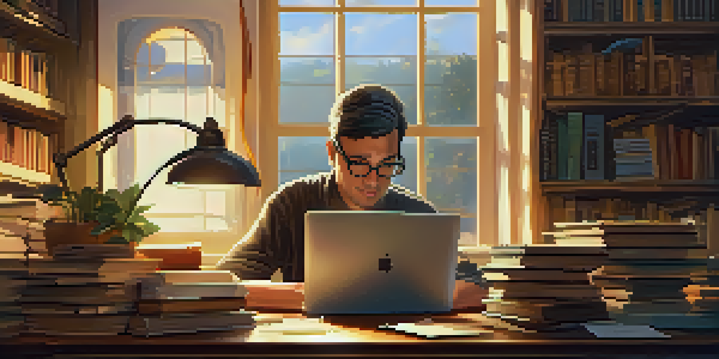 A writer working at a vintage desk with books, notes, and a cup of coffee in a warm, inviting room.