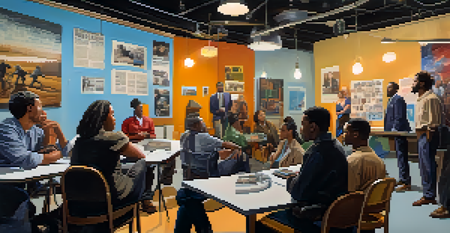 A group of diverse filmmakers on a modern set discussing a civil rights documentary, surrounded by film equipment and inspirational quotes.