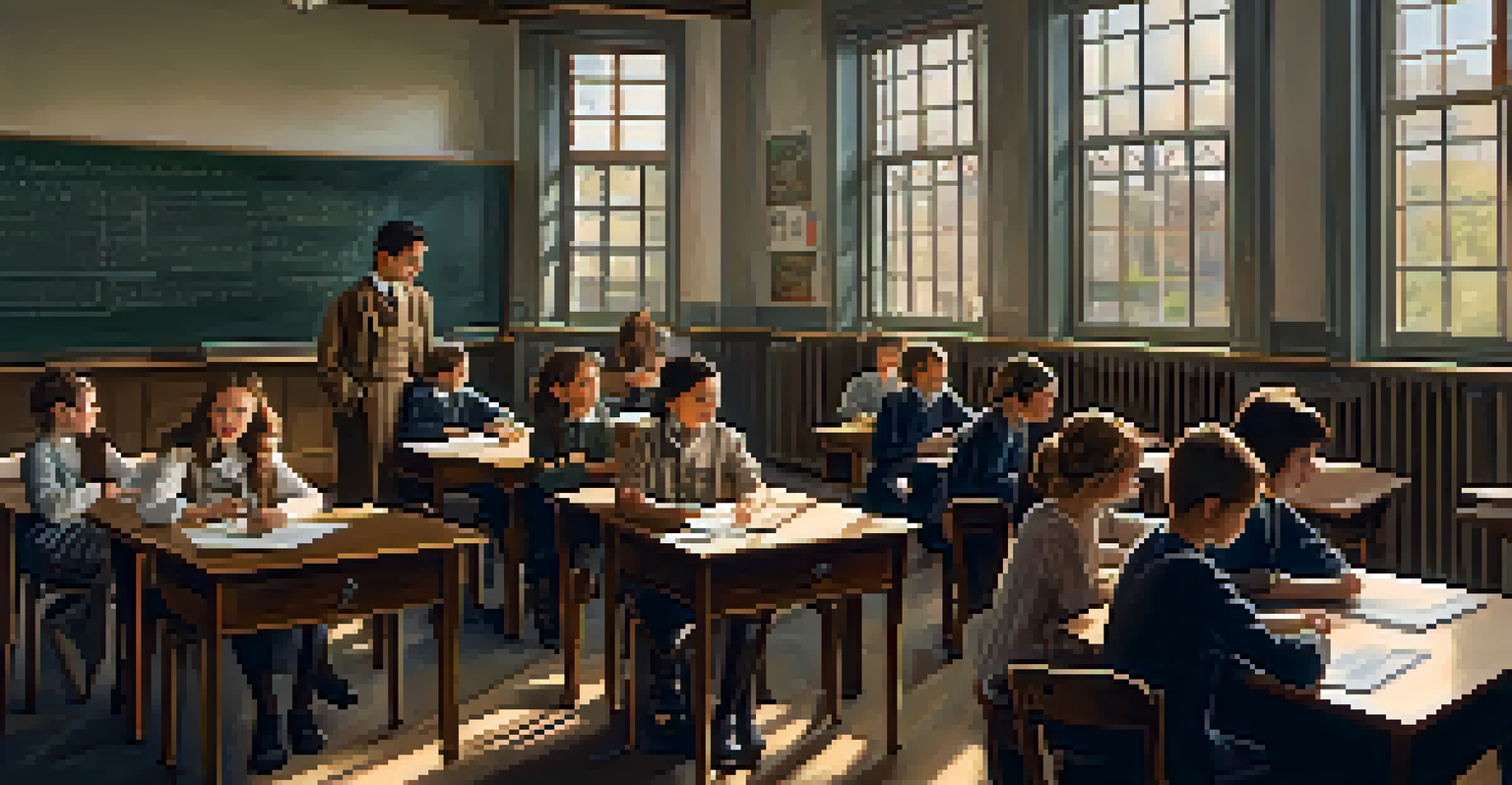 Students in a classroom discussing 'Schindler's List', with historical images on the walls, capturing their curiosity and empathy.