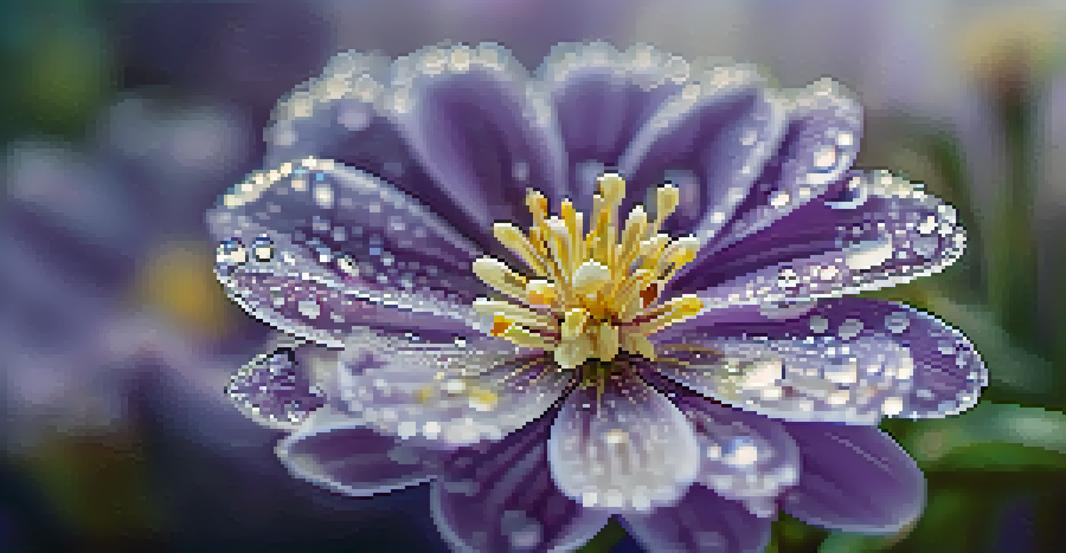 A close-up of a blooming purple and white flower with dew drops glistening on its petals.