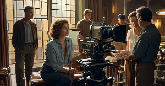 A director on a film set discussing a shot with a cinematographer, surrounded by crew members and equipment, illuminated by warm golden hour light.