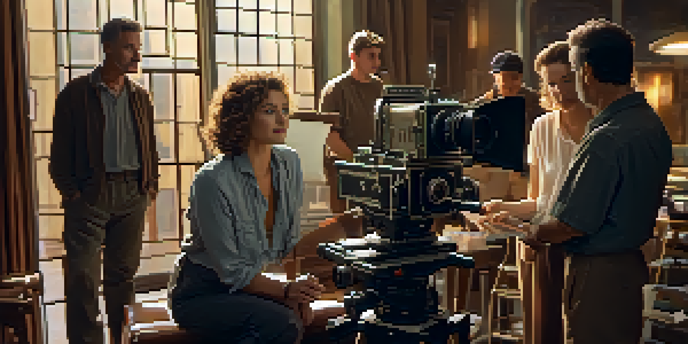 A director on a film set discussing a shot with a cinematographer, surrounded by crew members and equipment, illuminated by warm golden hour light.