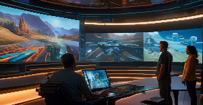 A film set with a director and crew using advanced technology, surrounded by digital landscapes on screens.