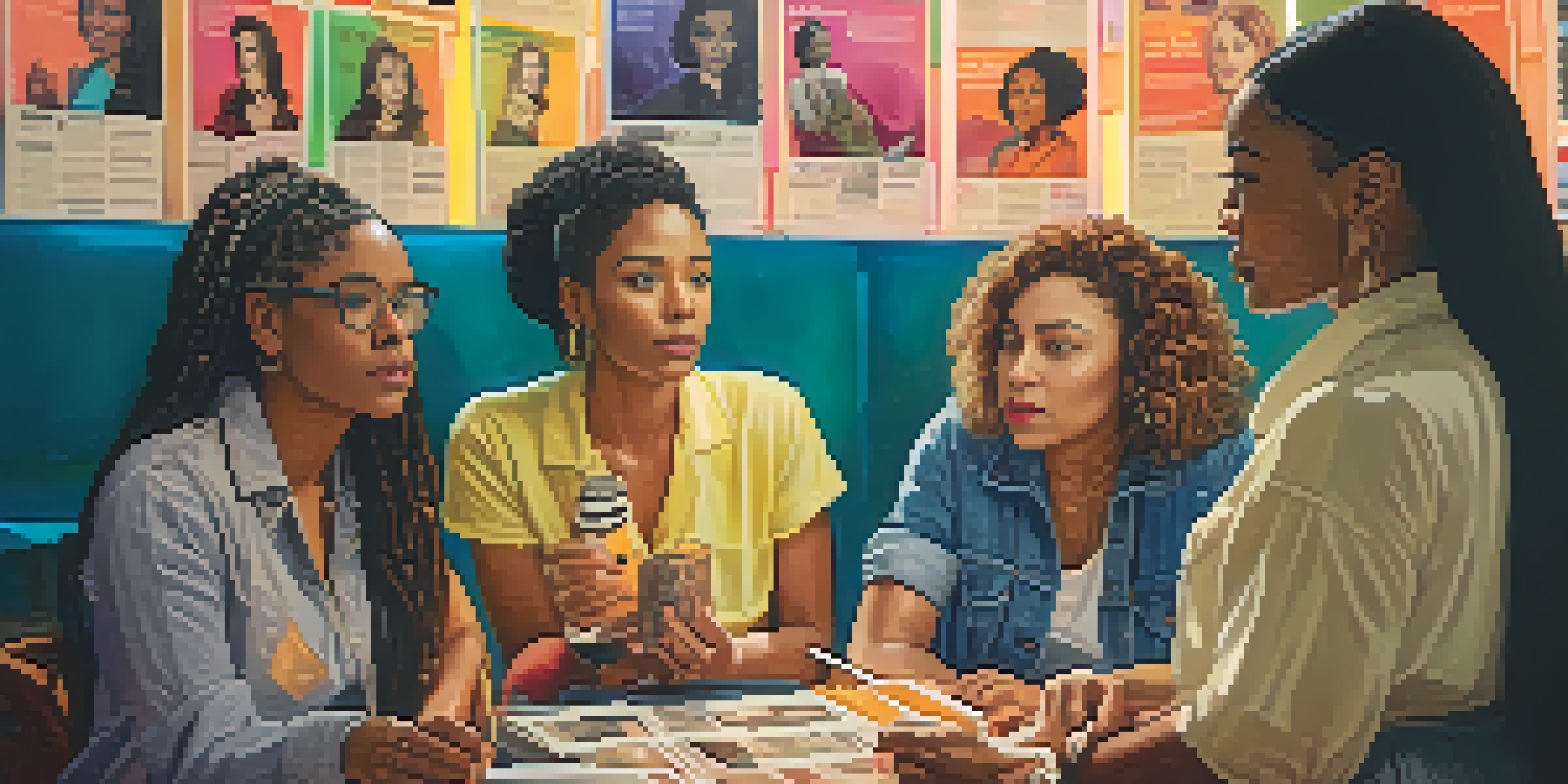 A diverse group of women filmmakers discussing a script on a film set with colorful posters in the background.