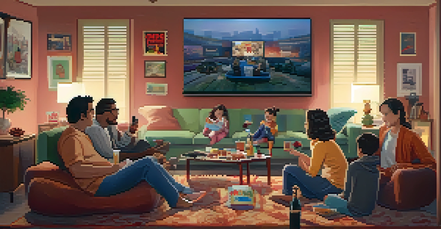 A family in a cozy living room watching an international film on TV, with snacks and movie posters around them.