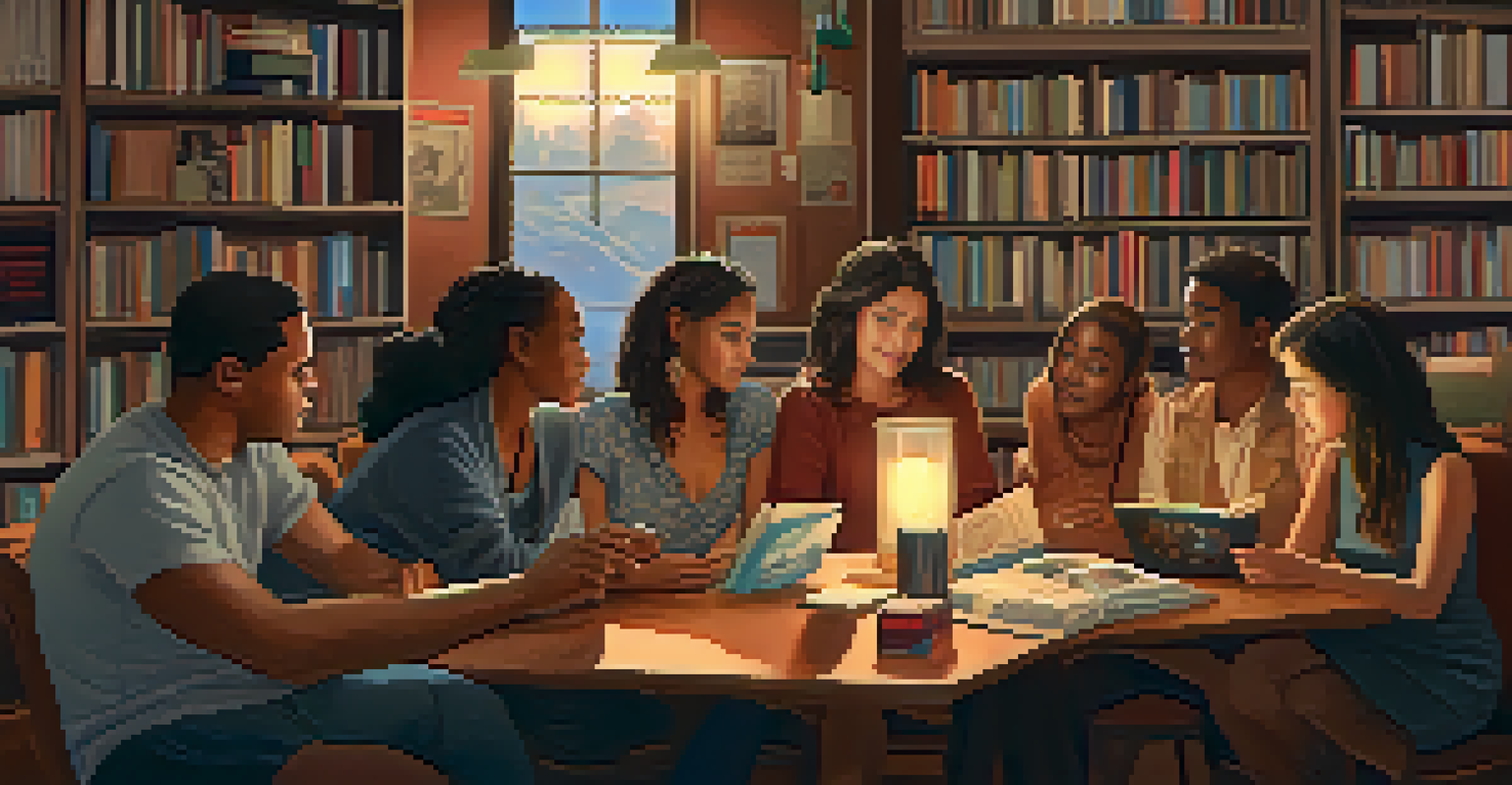 A diverse group of people discussing adaptations of classic stories in a cozy setting surrounded by books and film posters.