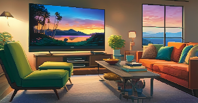 A cozy living room featuring a large TV with a show playing, colorful cushions, and warm lighting, with a sunset visible through the window.