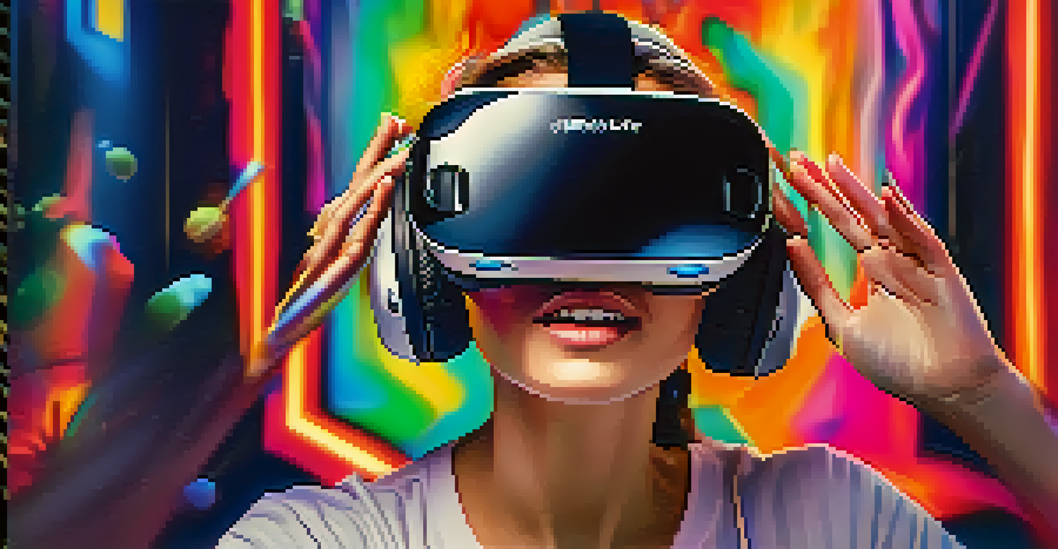 A close-up of a person wearing a VR headset, looking amazed and reaching out as if interacting with a vibrant virtual environment.