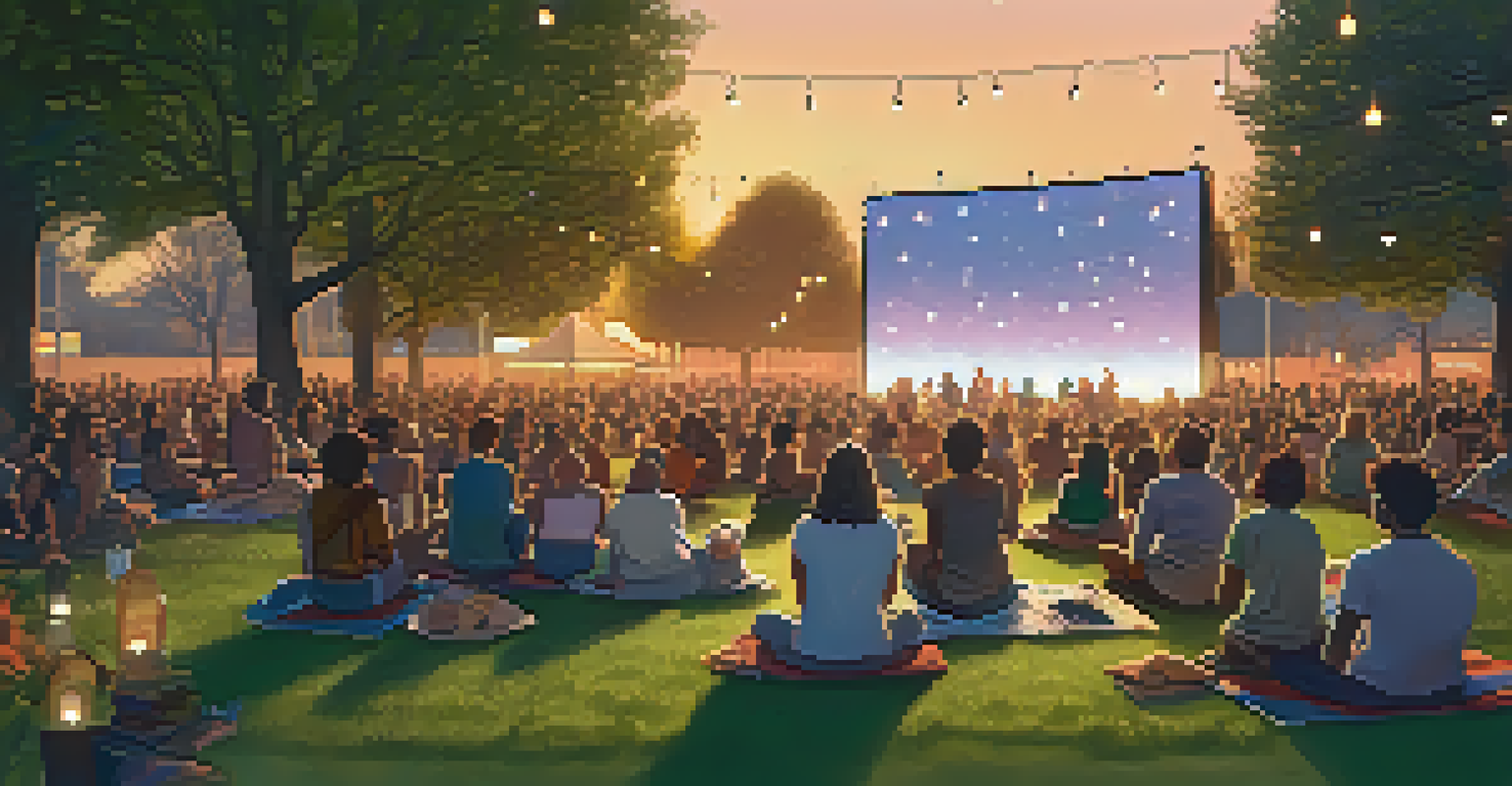 An outdoor film screening at sunset with a diverse audience enjoying a queer film in a park, surrounded by fairy lights.