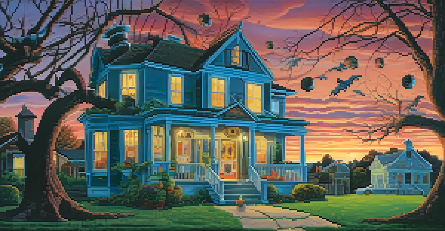 A haunted house with a funny creepy facade and playful ghosts interacting in the yard during sunset.