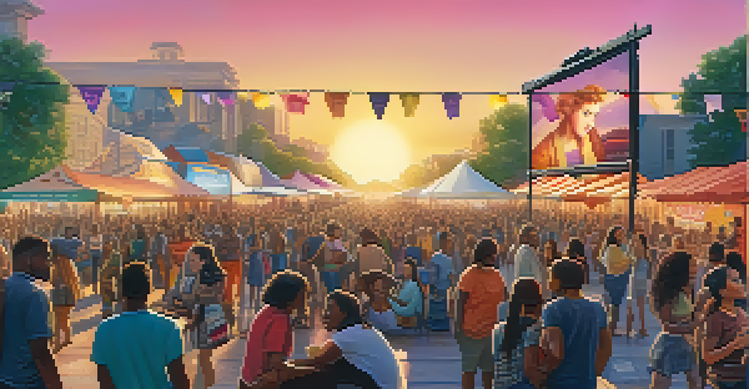 An outdoor film festival with posters focusing on race and gender representation and a diverse crowd.