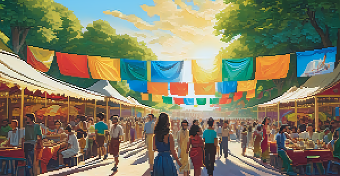 A bustling film festival scene with diverse attendees enjoying international cinema, colorful country banners, and food stalls.