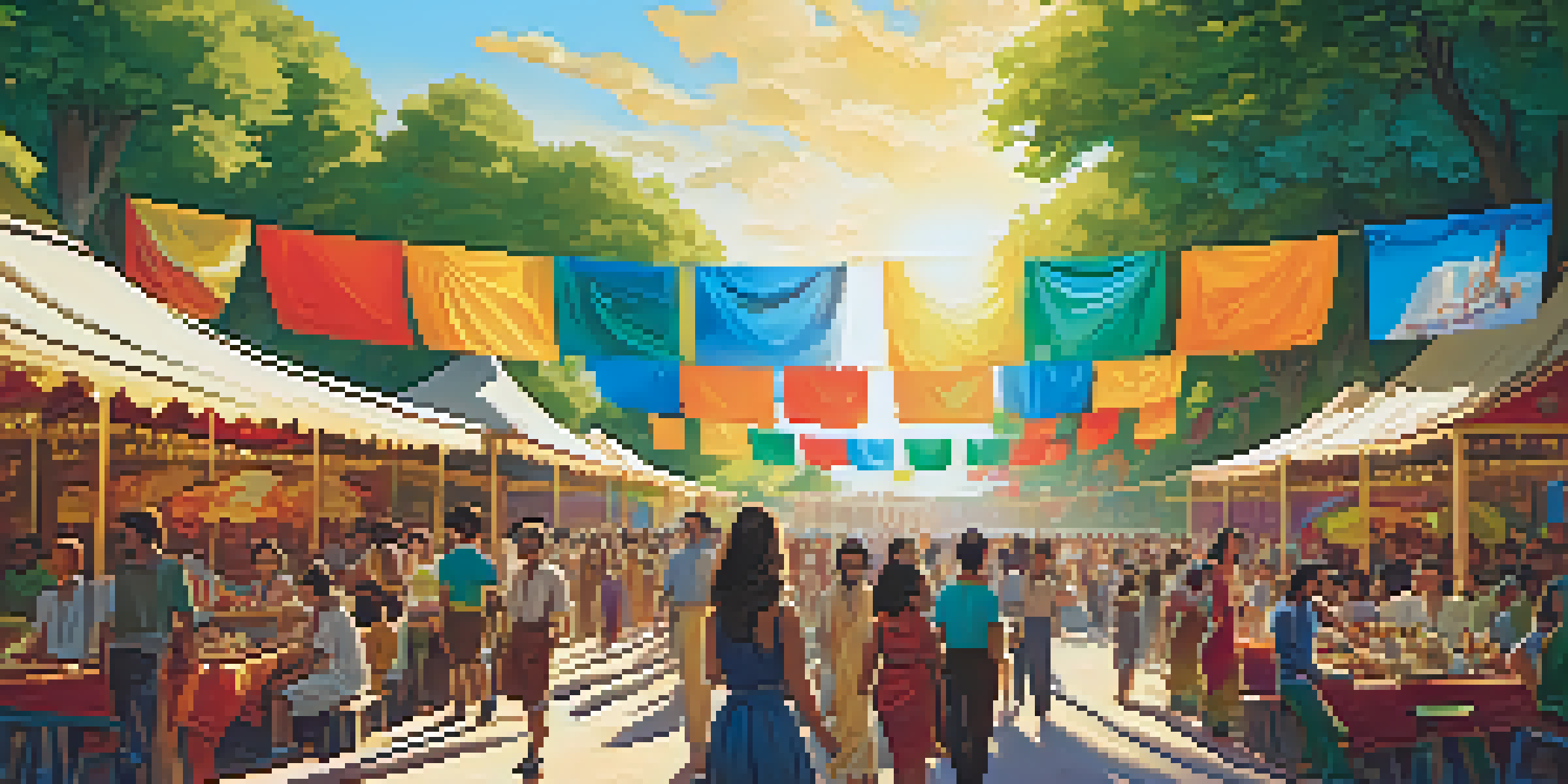 A bustling film festival scene with diverse attendees enjoying international cinema, colorful country banners, and food stalls.