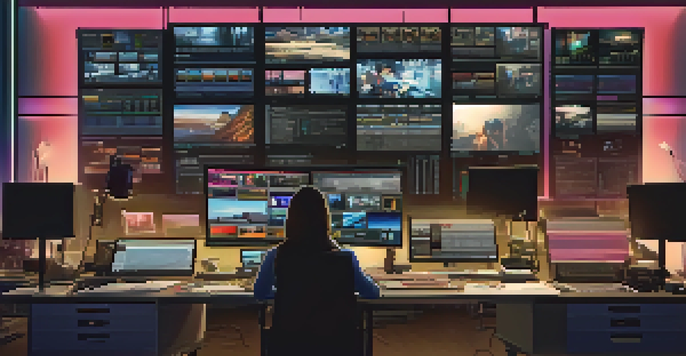 A film editor in a dark editing suite with multiple screens, focusing on video footage.