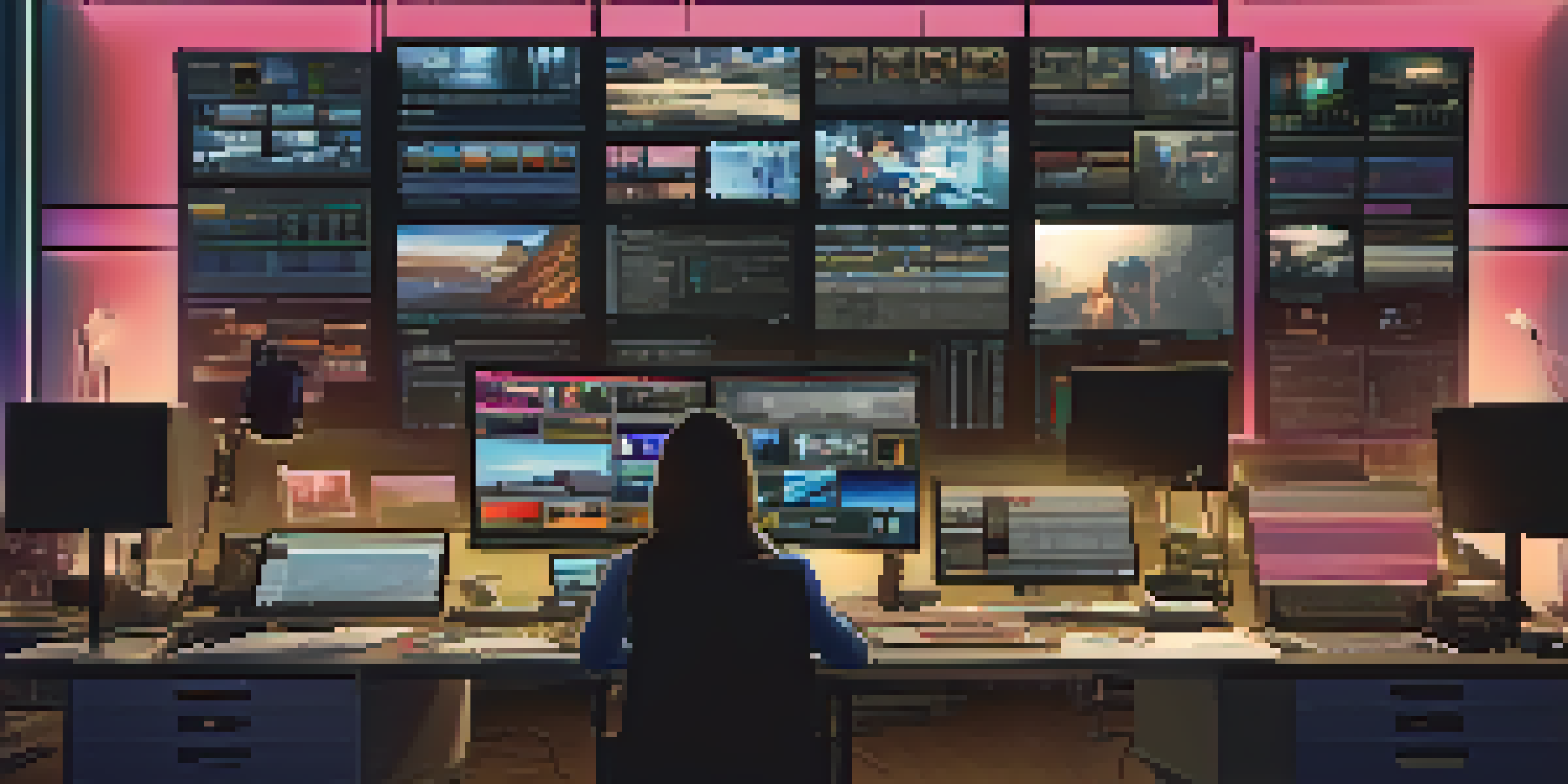 A film editor in a dark editing suite with multiple screens, focusing on video footage.