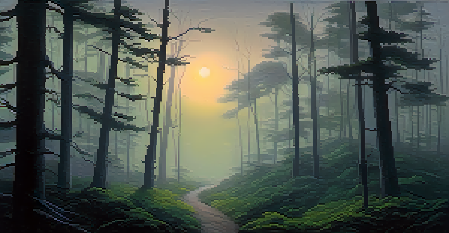 An eerie twilight forest with twisted trees and a foggy path leading to a distant cabin, creating a mysterious and suspenseful atmosphere.