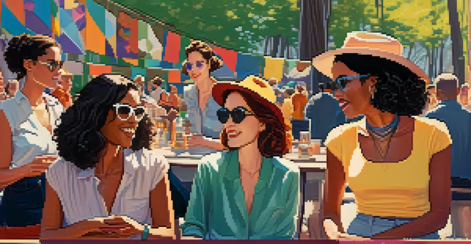 A lively film festival with women filmmakers talking and sharing ideas surrounded by colorful banners and posters, illuminated by sunlight.