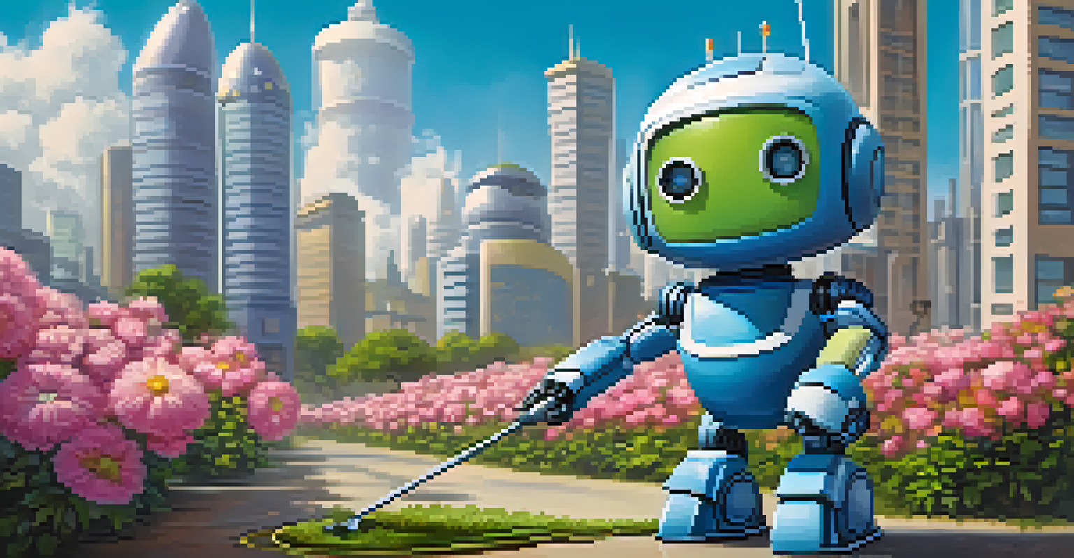 A small robot in a vibrant, green cityscape, cleaning up amidst futuristic buildings and flowers under a clear blue sky.