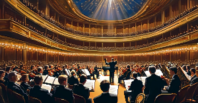 An orchestra performing in a grand concert hall, illuminated by warm golden lighting, with musicians and captivated spectators.