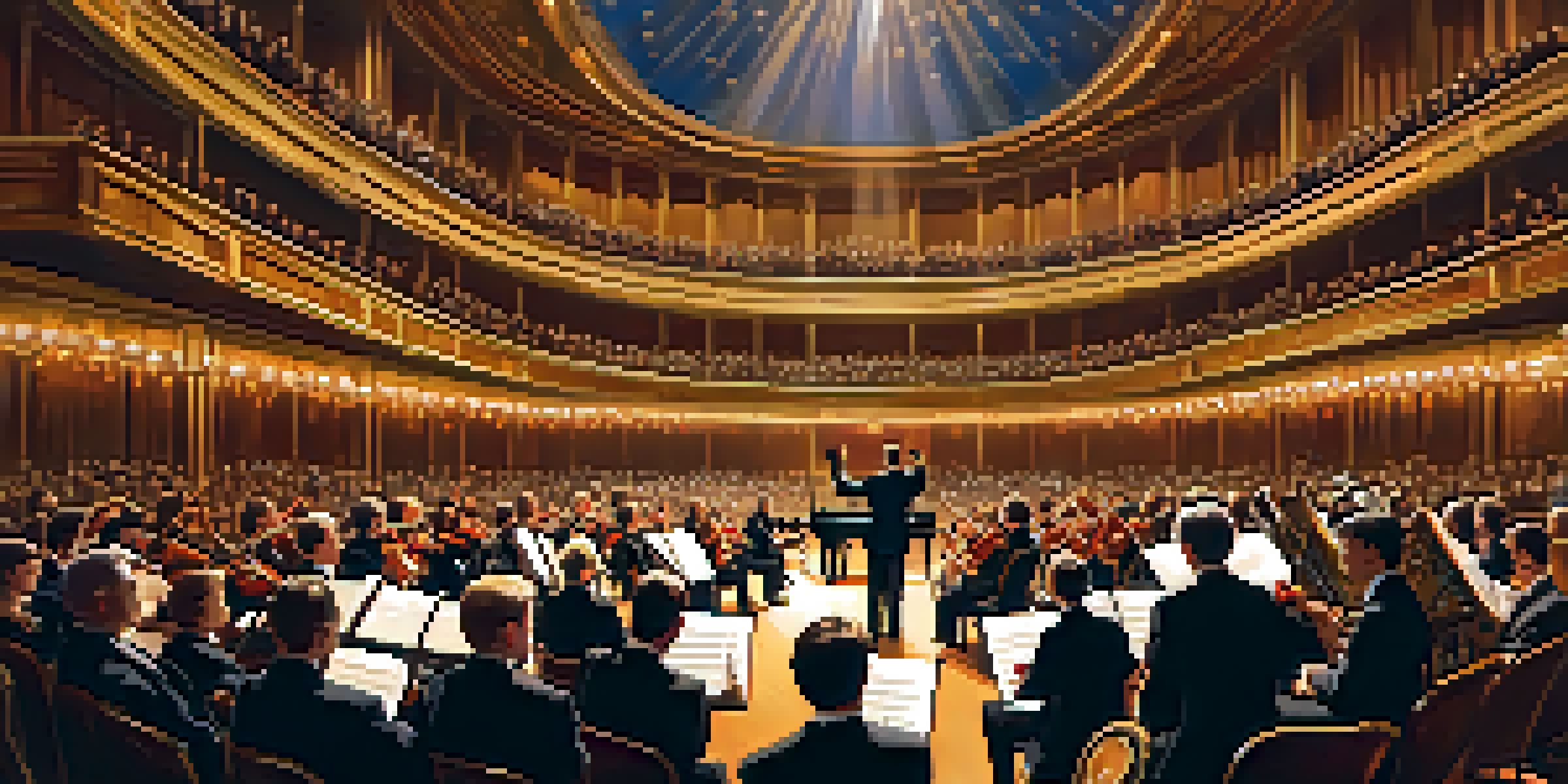 An orchestra performing in a grand concert hall, illuminated by warm golden lighting, with musicians and captivated spectators.