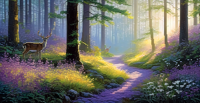 A magical forest scene in the morning light, filled with dew-covered trees and colorful wildflowers.