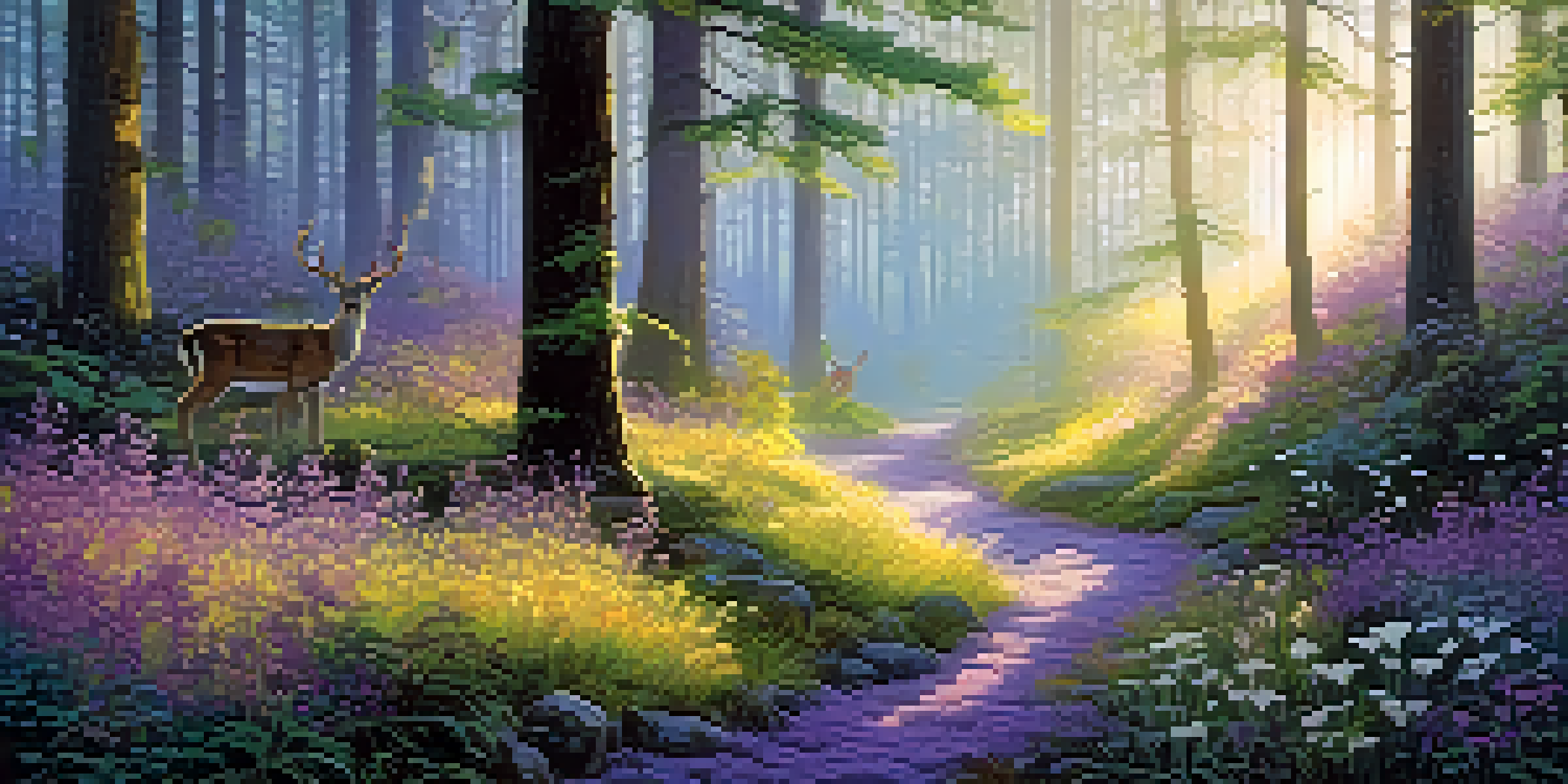 A magical forest scene in the morning light, filled with dew-covered trees and colorful wildflowers.