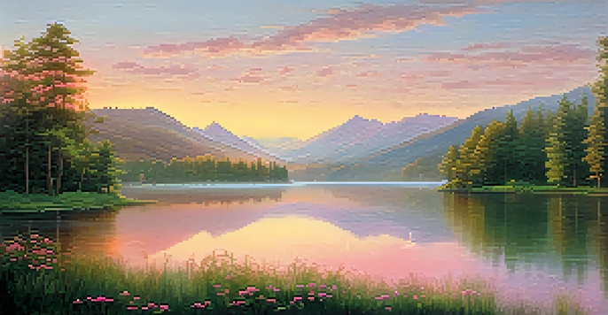 A peaceful lake at sunrise with pink and orange sky reflections, surrounded by green trees and distant mountains under a soft mist.