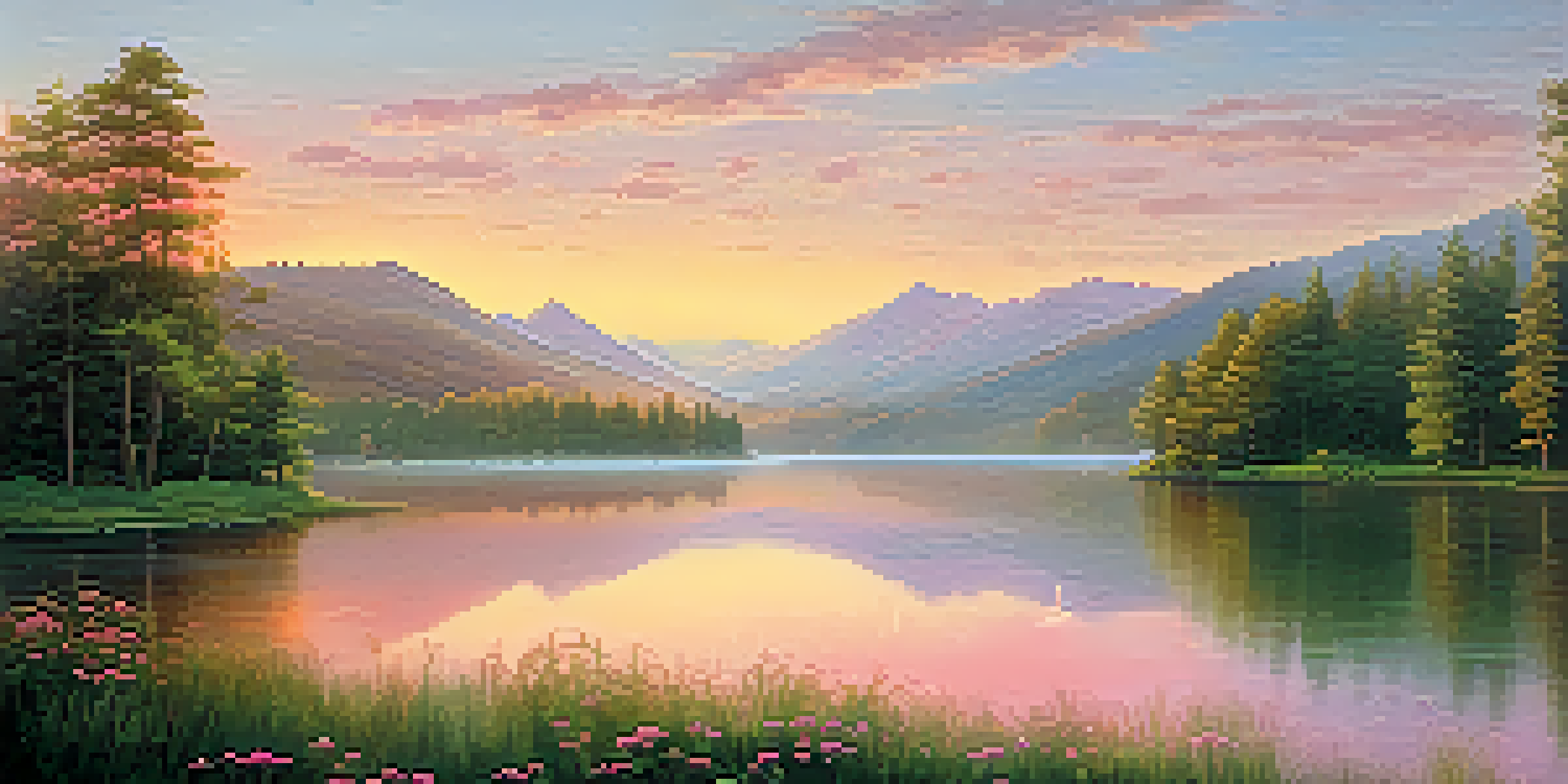 A peaceful lake at sunrise with pink and orange sky reflections, surrounded by green trees and distant mountains under a soft mist.