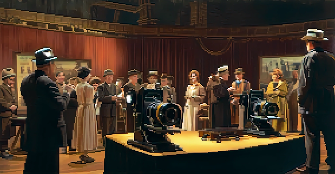 A vintage film set with a director and actors in historical costumes, illuminated by warm golden hour lighting.