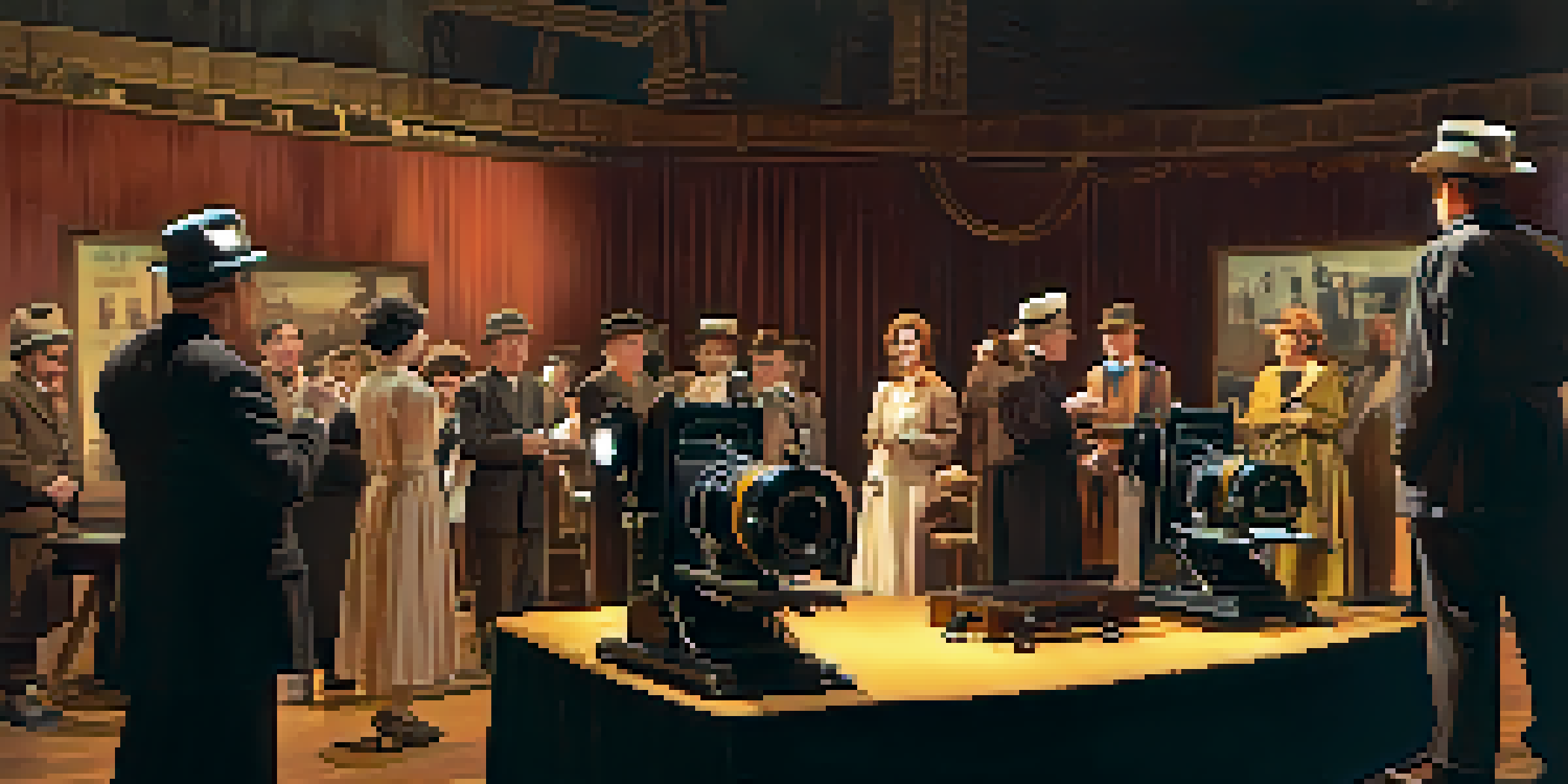 A vintage film set with a director and actors in historical costumes, illuminated by warm golden hour lighting.