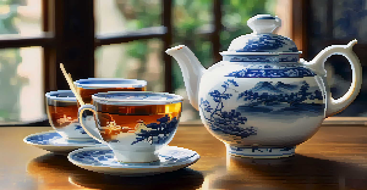 An elegant close-up of an Asian tea set on a wooden table, featuring painted porcelain teacups and teapot with soft light illuminating the scene.