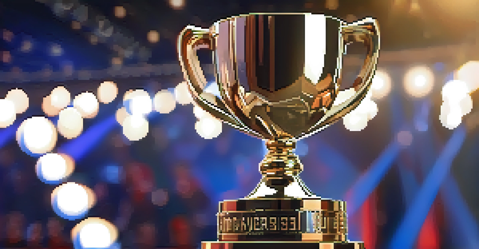 A close-up of a shimmering award trophy at AFI Fest, surrounded by a cheering audience in the background, highlighting the excitement of recognition in cinema.