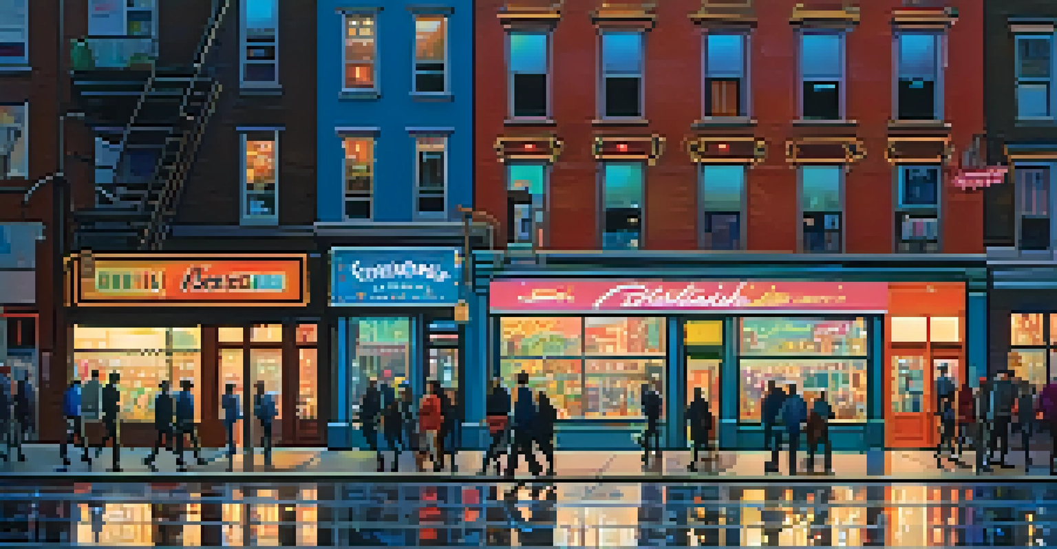 A lively city street at twilight, filled with illuminated storefronts and colorful neon lights.